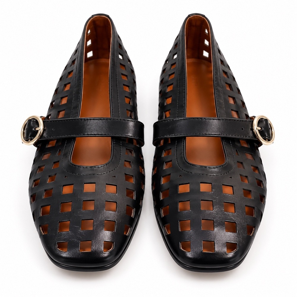 Black Woven Cutout Mary Jane Flats Buckle Ballet Shoes EU 40 / Approx US 8/8.5